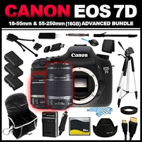 Canon EOS 7D 18 MP CMOS Digital SLR Camera with 3-Inch LCD and EF-S 15-85mm f/3.5-5.6 IS USM UD Wide Angle Zoom Lens + EF-S 55-250mm f/4.0-5.6 IS Telephoto Zoom Lens (16GB Advanced Bundle Kit) includes x3 Batteries, Charger, Case, Memory Card, Memory Card Wallet, HDMI Cable, Table Tripod, Full Size 