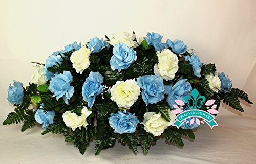 XL Beautiful Baby Blue and White Roses Cemetery Saddle