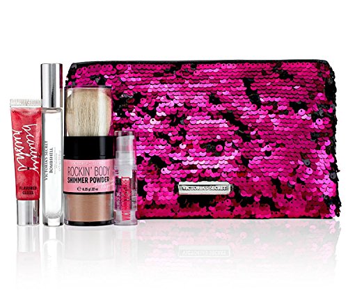 Victoria's Secret Bombshell Pink Diamonds Bling Sequins Bag Gift Set Eau De Parfume Rollerball Lip Gloss Hair Serum and Body Shimmer