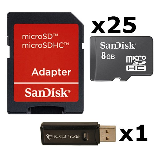25 PACK - SanDisk 8GB MicroSD HC Memory Card SDSDQAB-008G (Bulk Packaging) LOT OF 25 with SD Adapter and SoCal Trade USB 2.0 MicoSD & SD Memory Card Reader