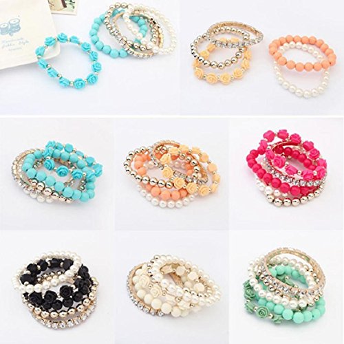Susenstone®1 Set Rose Flower Pearl Rhinestone Crystal Elastic Bracelet