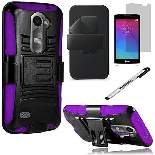 LG POWER CASE, Phonelicious® For LG POWER L22C (Straight talk) / LG LEON C40 (TMOBILE / METRO PCS) Xtreme Heavy Duty Hybrid Armor Dual Layer Rhino Kickstand Belt Holster Clip Combo Rugged Case Tuff + LCD Clear Screen Phone Protector Combo & Phonelicious® Pen Stylus (Purple Extreme)