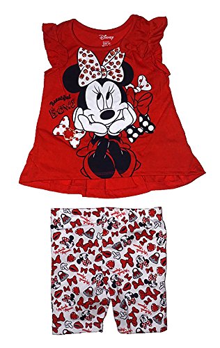 Disney Minnie Mouse Girl Ruffle Sleeve T Shirt & Capri Short Outfit - Red White