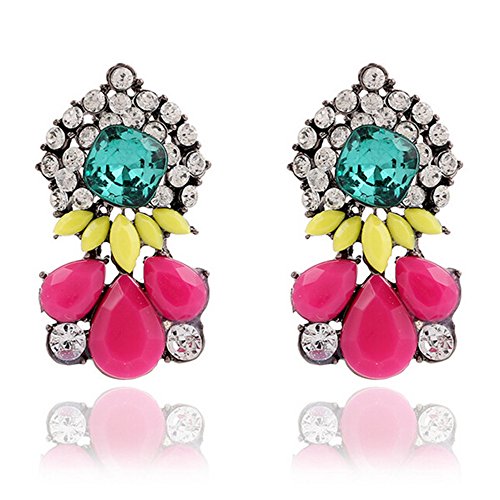 JQUEEN Full Colorful Crystal Waterdrop Shape Flower Gem Resin Dangle Drop Earrings For Women