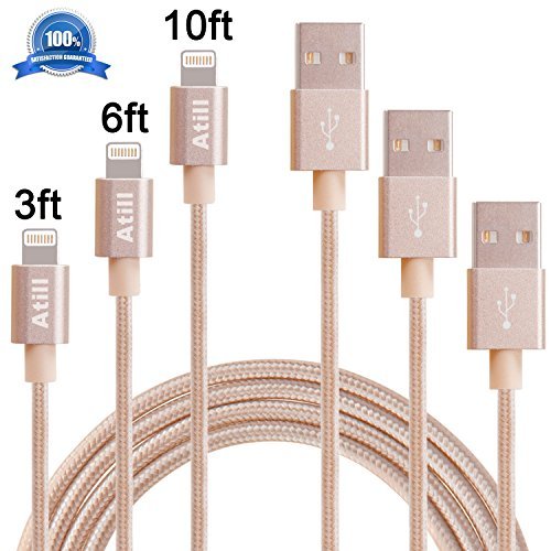 Atill Lightning to USB Cable 3Pack 3FT 6FT 10FT Nylon Braided Sync Charging Cord for iPhone 7/7 plus, 6/6s/6 plus/6s plus, 5c/5s/5/SE, iPad Air/Mini, iPod Nano/Touch (Gold )