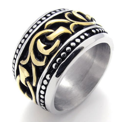 KONOV Vintage Mens Stainless Steel Band Ring, Gold Black Silver