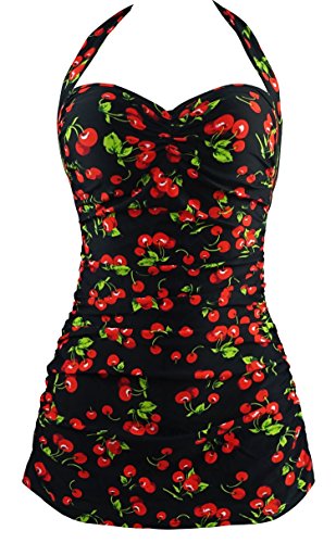 Cocoship Vintage Inspired Boy-Leg One Piece Sheath Cherry Rose Floral Maillot Swimsuit(FBA)