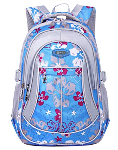 Coofit Flowers Pattern Backpacks for Girls Elementary School Students Book Bag Blue