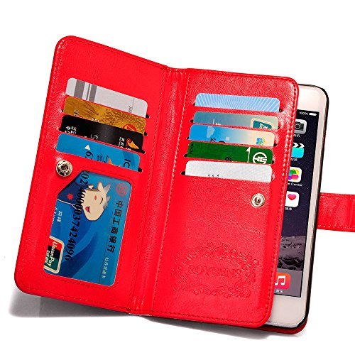 iPhone 6 Plus Wallet Case, Roybens 9 Card Slot PU Leather Wallet Case 2 in 1 Magnetic Detachable Back Cover Flip Case with Wrist Strap For Apple iPhone 6 6s Plus (5.5) Red
