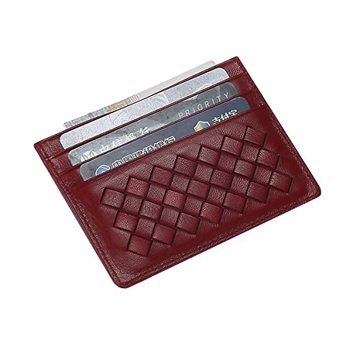 MEKU Womens Leather Card Case Wallet Weaved Credit Card Holder Slim Business Card Case Front Pocket, Wine Red