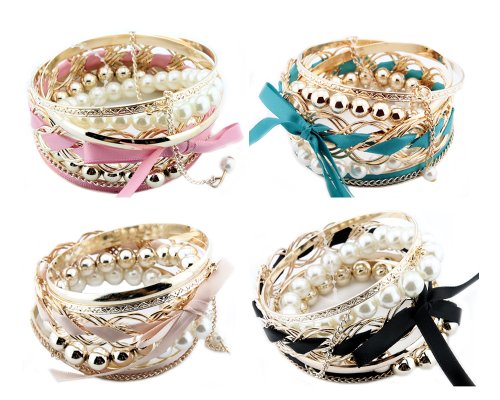 BONAMART ® Set Of Multilayer Braided Bow Faux Pearl Bead Bracelet Bangle Jewelry