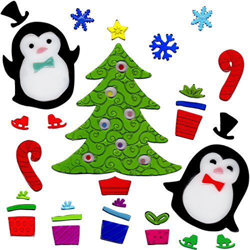 Christmas Window Clings Penguin on Ski with Presents Gifts and Christmas Tree Holiday Gel Charms Stickers Decorations