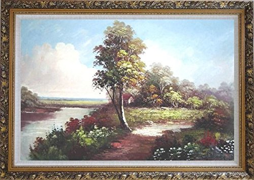 

Along the River Large Oil Painting, with Ornate Dark Gold Wood Frame 30x42 Inch