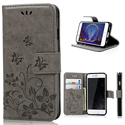 iPhone 6S Case, YOKIRIN PU Leather Case Butterfly Flowers Case with Magnetic Flip Card Holders for iPhone 6S iPhone 6 (Gray)