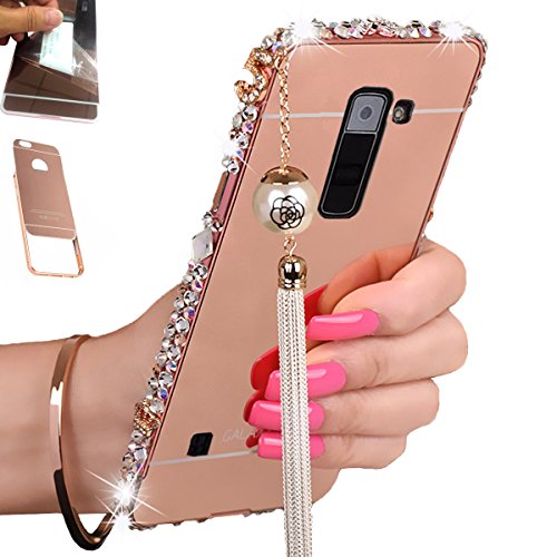 [1-Pack][2-IN-1]LG K7 Case, LG Tribute 5 Case, AMASELL Luxury Bling 3D Sparkle Diamond Metal Frame Bumper + Ultra Slim Acrylic PC Hard Mirror Back Cover With Pearl Tassels (Rose Gold with bling)