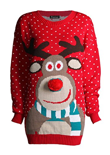 Forever Unisex Rudolph Print Snowflake Knitted Pom Pom Jumper