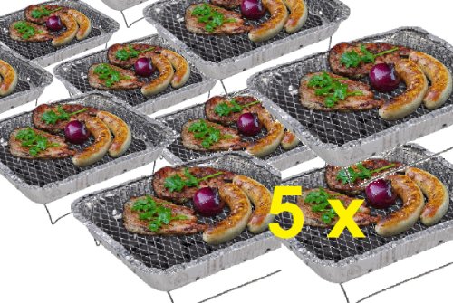 5 x CAMPING WOHNMOBIL OUTDOOR – Grillstation Einmalgrill Einweggrills Edelstahl Grill Holzkohle Tischgrill Klappgrill Gartengrill Picknick NEU Einweggrill SOFORT GRILLEN MIT ZÜNDFOLIE IN 15 MINUTEN BEREIT – SEHR LANGE BRENNDAUER UND GUTE HITZE