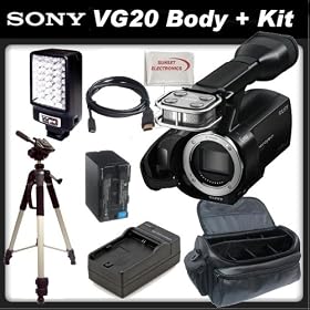 Sony NEX-VG20 Interchangeable Lens HD Handycam Camcorder (Body Only) + Kit - Includes: Stabilizing Handle/Grip, Video Light, Full Size Tripod, Replacement NP-FV100 Battery Pack, Rapid Travel Charger, Carrying Case & SSE Microfiber Cleaning Cloth