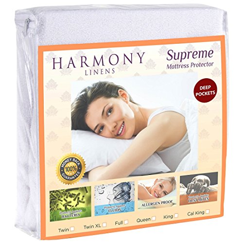 Harmony Linens Premium Waterproof Mattress Protector - Dust Mite and Bacteria Resistant - Hypoallergenic - Fitted Deep Pocket - (Queen)