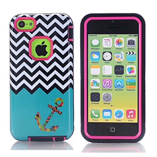 MouKou iPhone 5C Case Hybrid Shockproof Cover Hard Armor Shell and Silicone Skin Chevron Pattern with Anchor Design Case Cover for iphone5c
