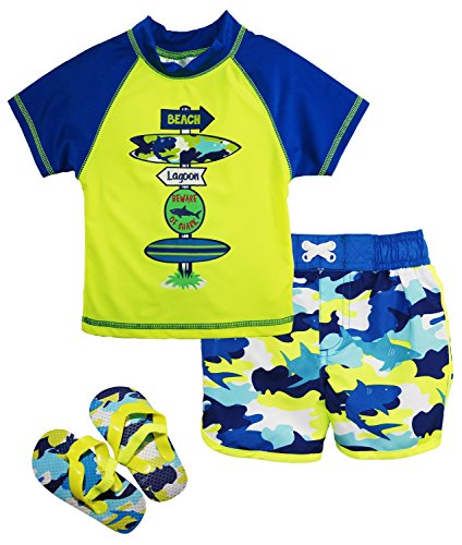 Wippette Baby Boys Pop Camo with Shark Rash Guard Swim Short Set with Flip Flops