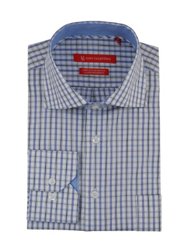 Gino Valentino Mens Check Dress Shirt Cotton Spread Collar Barrel Cuff