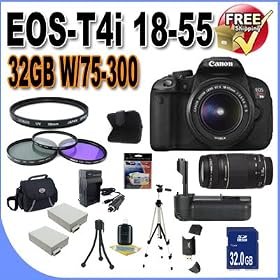 Canon EOS Rebel T4i 18.0 MP CMOS Digital SLR with 18-55mm EF-S IS II Lens & Canon 75-300 Lens (2 Lens Kit!!!!) + 32GB Memory+ Battery Grip + 2 Extra Batteries + Charger + 3 Piece Filter Kit + UV Filter + Full Size Tripod + Case +Accessory Kit