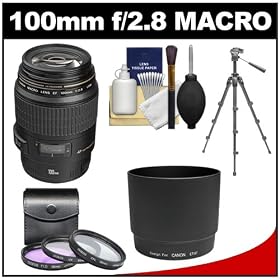 Canon EF 100mm f/2.8 Macro USM Lens with ET-67 Hood + 3 (UV/FLD/CPL) Filters + Macro Tripod + Cleaning Kit for EOS 60D, 7D, 5D Mark II III, Rebel T3, T3i, T4i Digital SLR Cameras