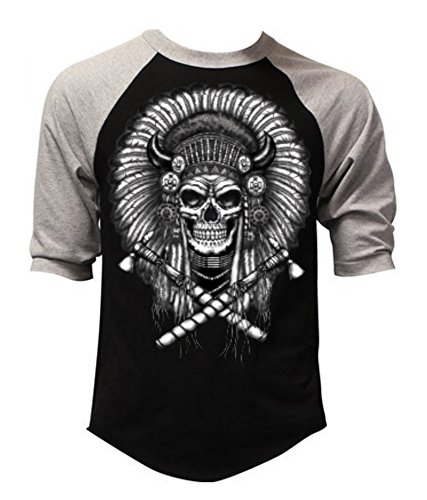 Native American Indian Chief Skull Men's Baseball T-Shirt Gray/Black S-3XL