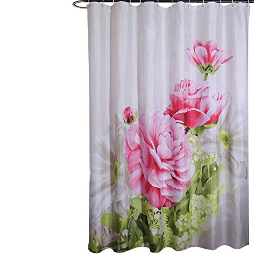 HOMEIDEAS Shower Curtain with Hooks,Mildew Resistant Polyester Fabric,Waterproof/Water-Repellent & Antibacterial 72x78 Inch,Printed Peony White and Pink Pattern Flower Shower Curtains