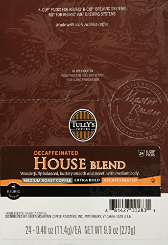 Keurig, Tully's House Blend Decaf, Medium Roast Coffee Extra Bold 24 K-Cup Single Serve Packs for Keurig Brewers