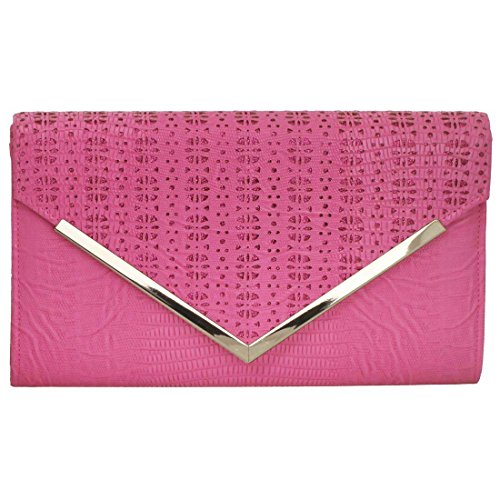 BMC Womens Fuchsia Pink PU Leather Alligator Skin Pattern Perforated Glitter Metal Accent Envelope Flap Clutch Handbag
