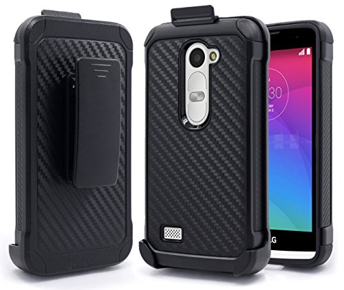 LG Sunset L33L Case, NageBee - LG Sunset L33L Hybrid Armor Stand Case Rugged Layered Design Carbon Fiber with Holster Belt Clip for LG Sunset L33L (Carbon Fiber Holster Black)