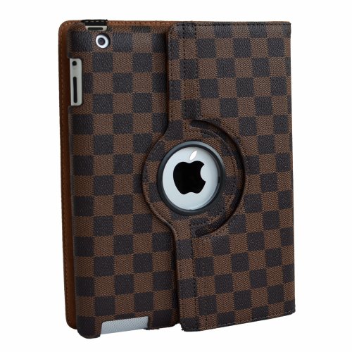 inShang® Checker Damier 360 degree rotating smart case/cover/stand for iPad2/3/4, With auto sleep/wake function (iPad 2/3/4, Black/Brown)