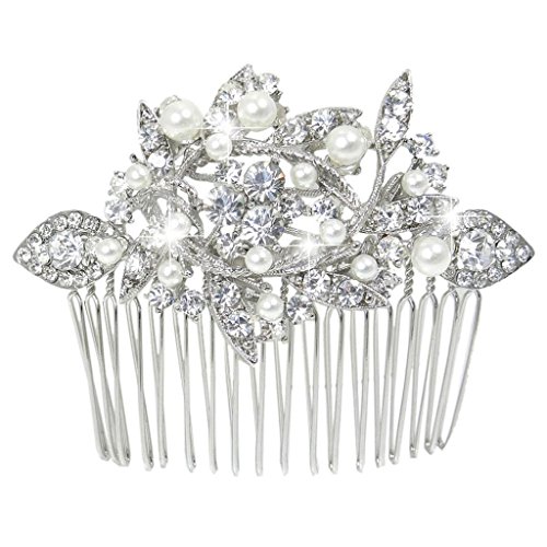 EVER FAITH® Austrian Crystal Cream Simulated Pearl Bridal Leaf Hair Comb Clear