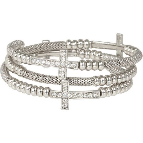 Heirloom Finds Crystal Sideways Cross Coil Wrap Bracelet of Silver Tone Mesh