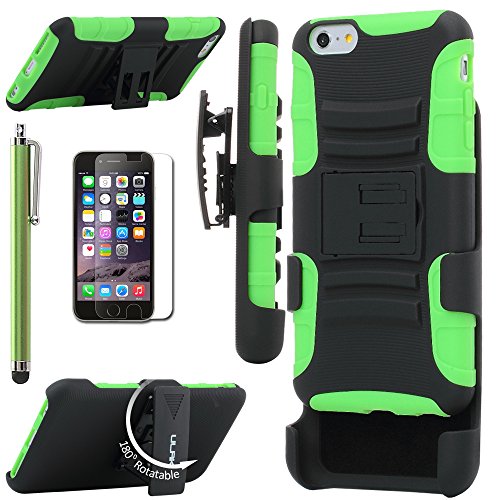 iPhone 6 Plus Case, ULAK iPhone 6 (5.5) Case Hybrid Impact Rubber Combo Holster Cover Case for iPhone 6 Plus With Belt Swivel Clip + Screen Protector and Stylus(Green)