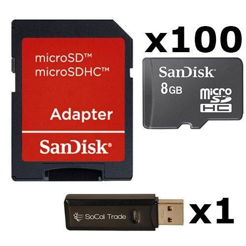 100 PACK - SanDisk 8GB MicroSD HC Memory Card SDSDQAB-008G (Bulk Packaging) LOT OF 100 with SD Adapter and SoCal Trade USB 2.0 MicoSD & SD Memory Card Reader