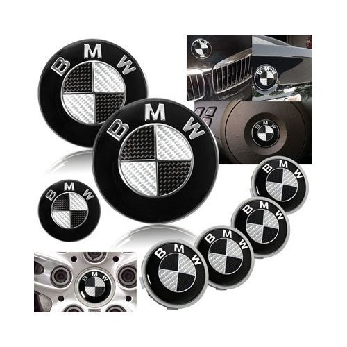 

7 BMW Black Carbon Fiber Emblem logo badge SET 82mm + 74mm + 45mm + 68mm Hood/Trunk/Steering/4 X Wheel Caps.