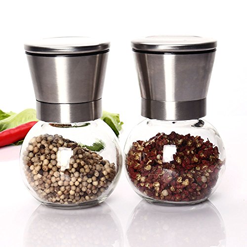 ICICLE Stainless Steel & Glass Salt and Pepper Grinder Set - Manual Salt and Pepper Shakers - Salt & Pepper Mill Pair with Adjustable Coarseness（2 Sets）