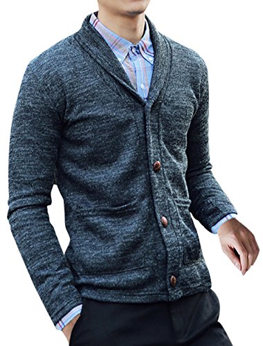 Allegra K Men Shawl Collar Full Sleeves Button Closure Knit Cardigan Navy Blue L