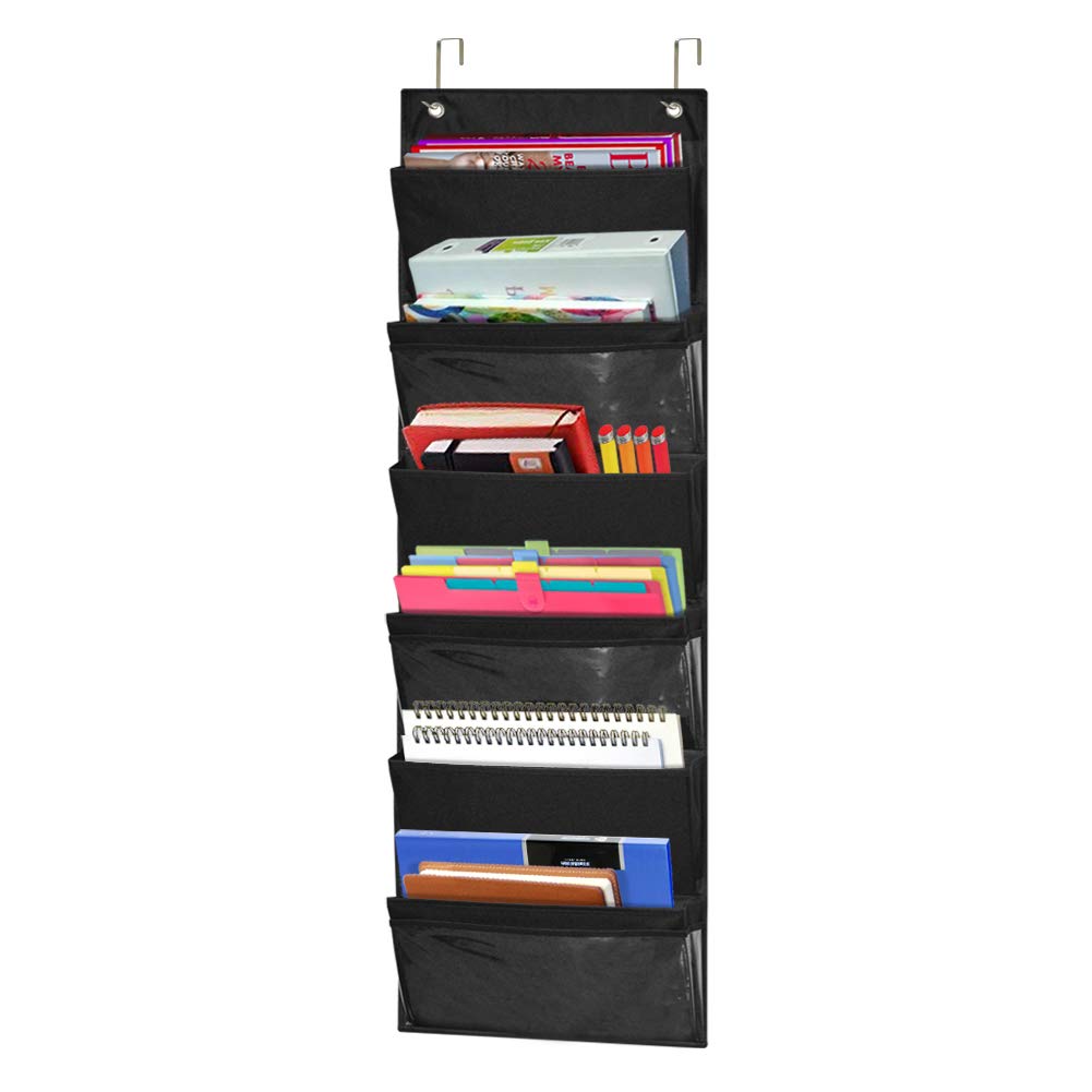 ZKOO Over the Door File Organizer, Hanging Mount File Folders Organizer, Wall File Organizer for School Organizers, Mail Filing, Magazine, Dorm Room, Office, 6 Extra Large Pockets and 2 Hook (Black)