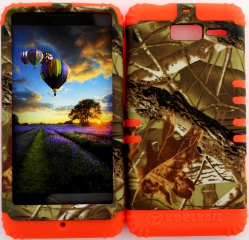 Hybrid Cover Bumper Case for Motorola Droid Razr M (XT907, 4G LTE, Verizon) Protector Mossy Camo Hunter Series Branch with Leaves Snap on + Orange Silicone