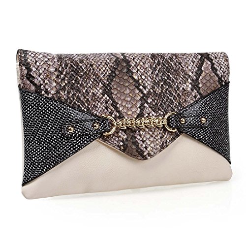 BMC Chic Faux Leather Multicolor Snakeskin Print Chain Accented Antique White Envelope Style Statement Clutch
