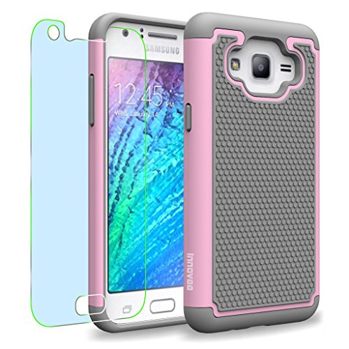 Samsung Galaxy J5 / J500 Case, INNOVAA Smart Grid Defender Armor Case W/ Free Screen Protector & Touch Screen Stylus Pen - Grey/Light Pink