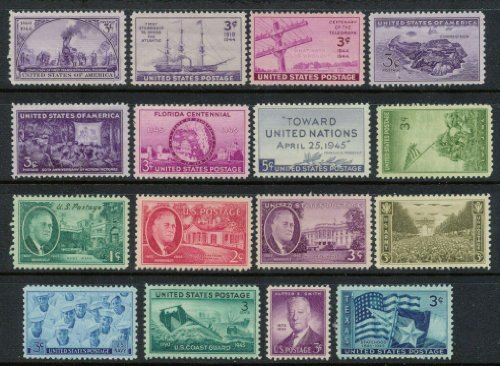 Complete set of US Commemorative Stamps issued in 1944 and 1945 Mint, Never-hinged Army Navy Marines Coast Guard Texas and more