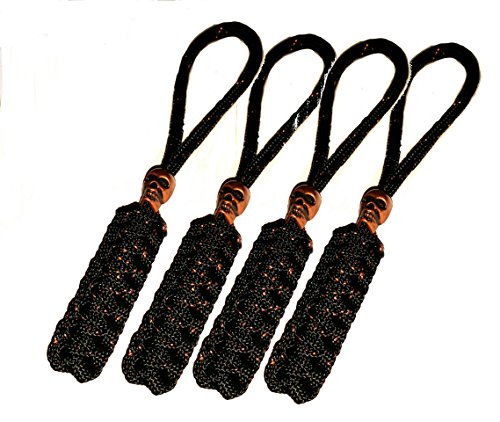 4 Black/Copper (Zero Tolerance) Inspired Paracord Knife Lanyards / Zipper Pulls w/ Copper Skull Bead