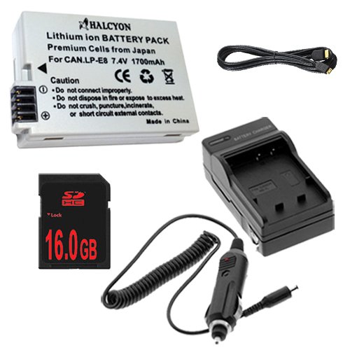 

LP-E8 Lithium Ion Replacement Battery w/Charger + 16GB SDHC Memory Card + Mini HDMI for Canon EOS Rebel T2i T3i Digital SLR Camera DavisMAX Bundle