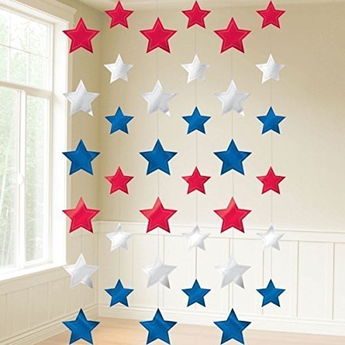 Patriotic Red, White, and Blue Metallic Stars String Decorations - 7' long