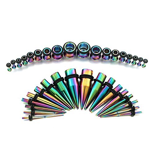 Vcmart Rainbow Ear Gauges Stretching Kit 36 pcs Surgical Steel Tapers and Plugs 14G - 00G 18 Pairs
